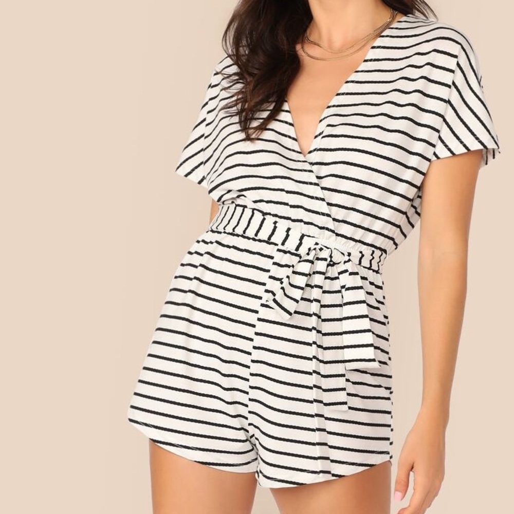 Striped belted Romper